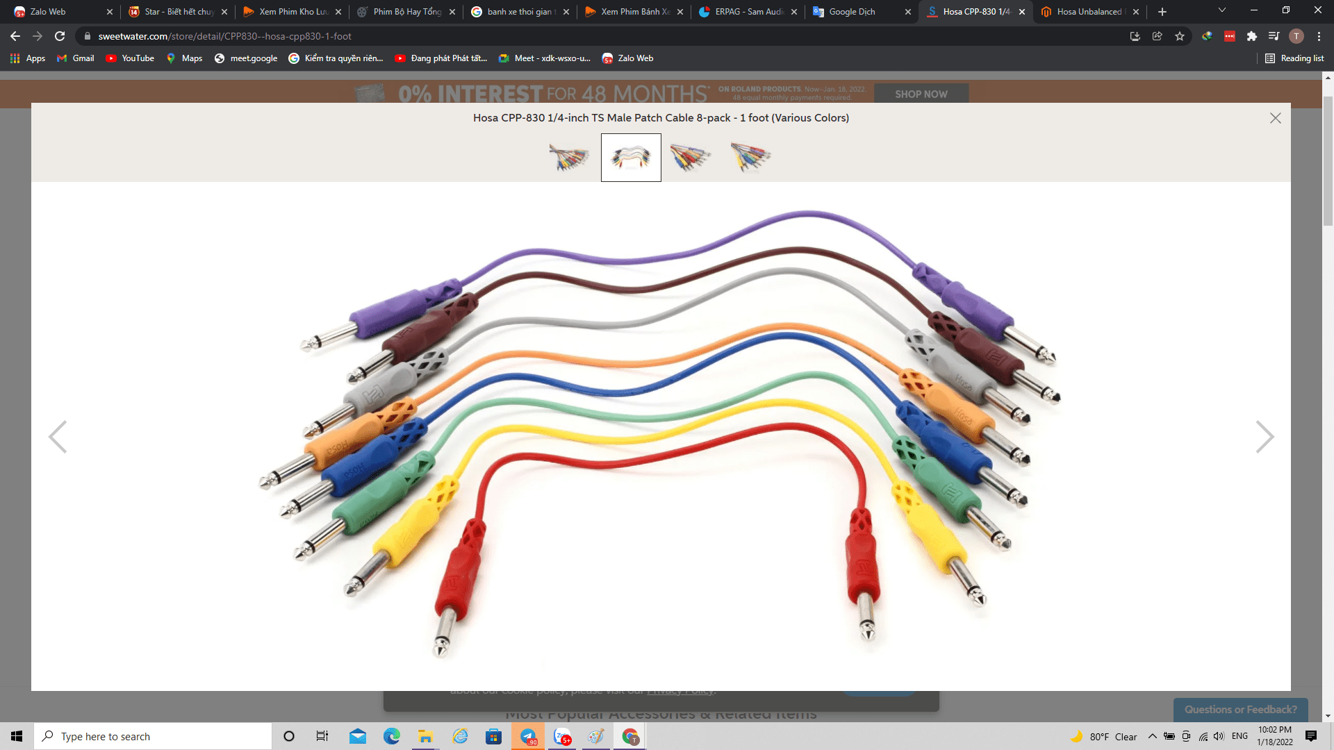 Hosa CPP-830 1/4-inch TS Male Patch Cable 8-pack - 1 foot (Various Colors)